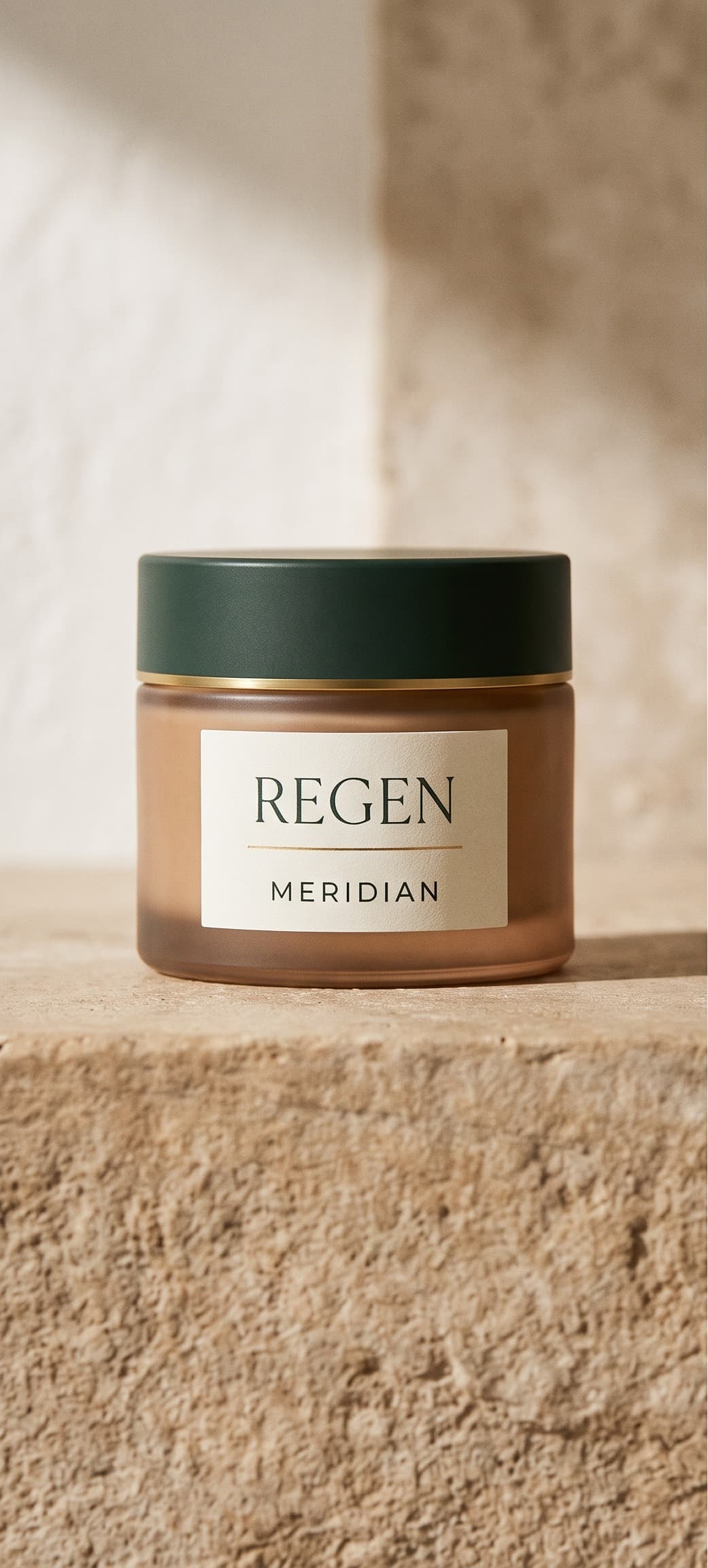 Meridian daily cream in a frosted amber glass jar with a dark green lid, on a warm stone surface
