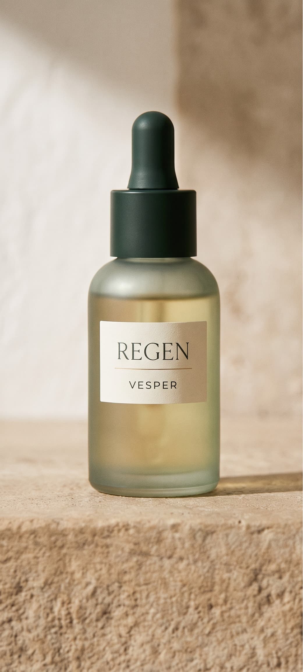 Vesper retinal treatment in a sage-green glass dropper bottle, on a warm stone surface